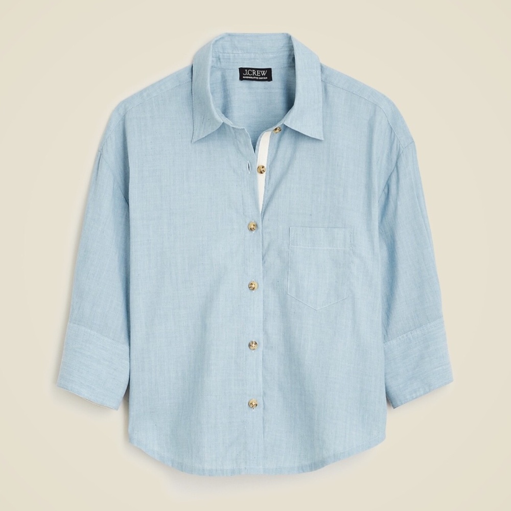 New J.CREW Size 4 Cropped button-up shirt in washed voile Chambray $98